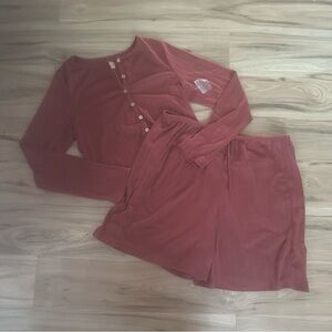 Free-est Rust Long Sleeve Henley Top and Shorts Set